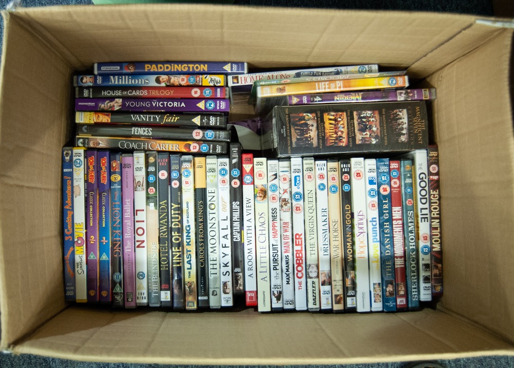 ONE BOX OF VARIOUS DVD's, BOXED SET OF THE 'MAGNIFICENT SEVEN' COLLECTION AND 41 OTHERS