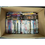 ONE BOX OF VARIOUS DVD's, BOXED SET OF THE 'MAGNIFICENT SEVEN' COLLECTION AND 41 OTHERS