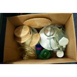 TWO BOXED OF KITCHENWARES, VIZ PANS, MIXING BOWLS, WICKER MATS AND BOWLS, CANDLES ETC.....