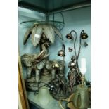 BRONZED METAL AND COMPOSITION TWIN LIGHT FIGURAL TABLE LAMP, ANOTHER SINGLE LIGHT, AND AN ELEPHANT