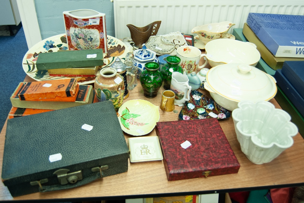 A SELECTIO OF ASSORTED CERAMICS AND GLASSWARES, COINS, LADY'S EVENING BAGS, BOXED CUTLERY, CARVED