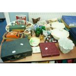 A SELECTIO OF ASSORTED CERAMICS AND GLASSWARES, COINS, LADY'S EVENING BAGS, BOXED CUTLERY, CARVED