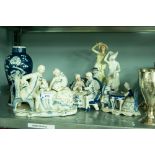 A COLLECTION OF FIGURAL GROUPS, GALLANTS AND LADIES DINING AND CONVERSING AND TWO FEMALE