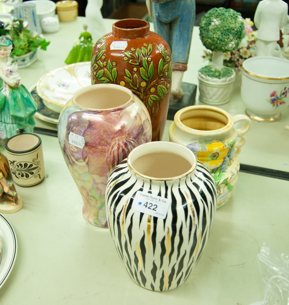 CROWN DUCAL WARE 1930's VASE, with two triple ring handles and printed and hand coloured floral