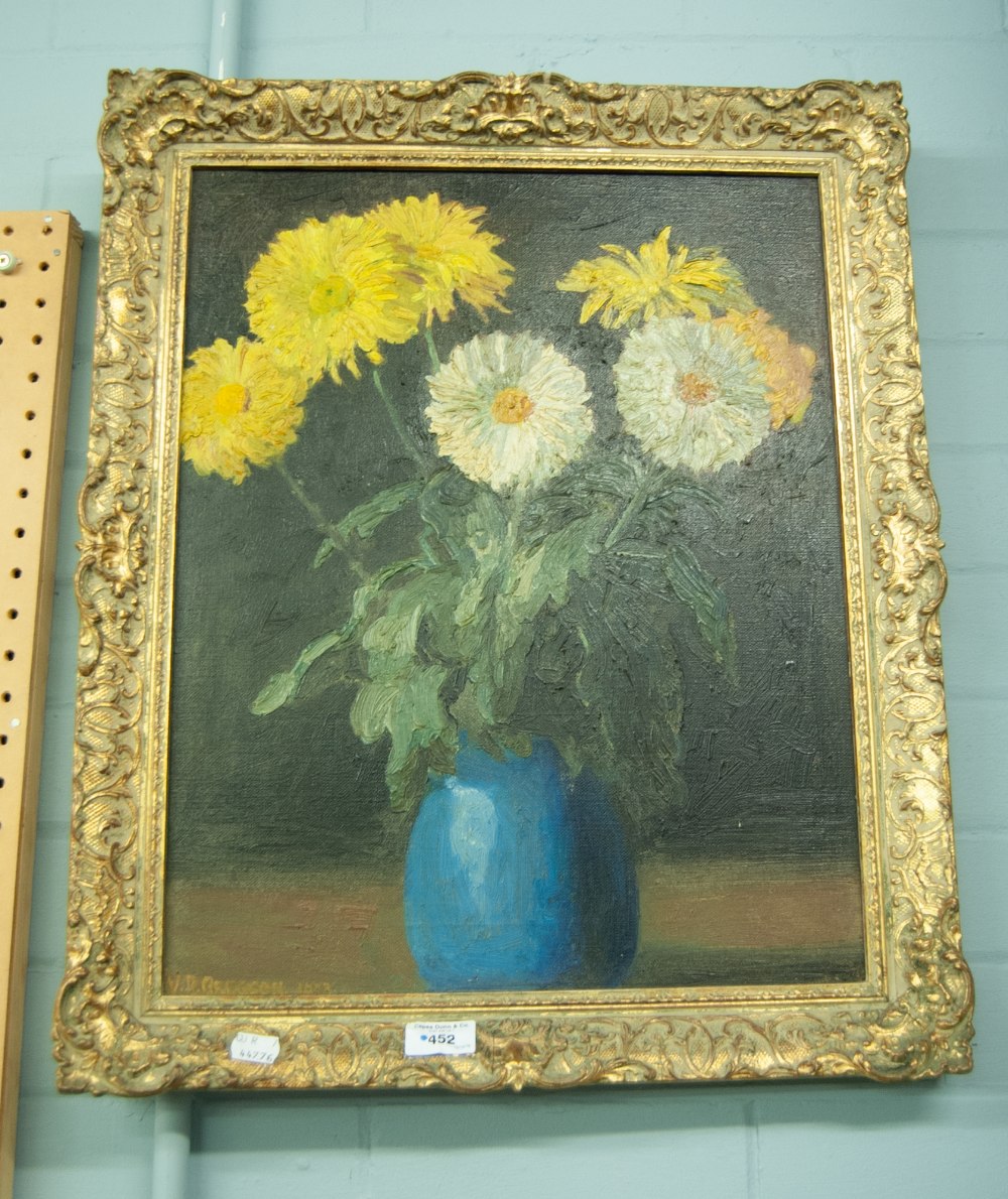 V.D. GREGSON OIL PAINTING ON CANVAS VASE OF FLOWERS SIGNED AND DATE 1993 19 1/2" X 15 1/2"