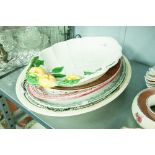 FOUR LARGE MEAT DISHES, MADDOCK AND SONS 'VICTOR', SIMPSONS 'AMBASSADOR' WARE, CAMBRIDGE AND A FRUIT