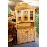 SECESSIONIST STYLE CARVED PINE KITCHEN DRESSER WITH HIGH GLAZED CUPBOARD TOP, BASE OF TWO DRAWERS