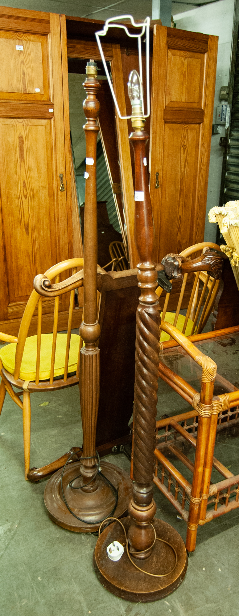 TWO TURNED WOOD STANDARD LAMP, ONE WITH SPIRAL COLUMN