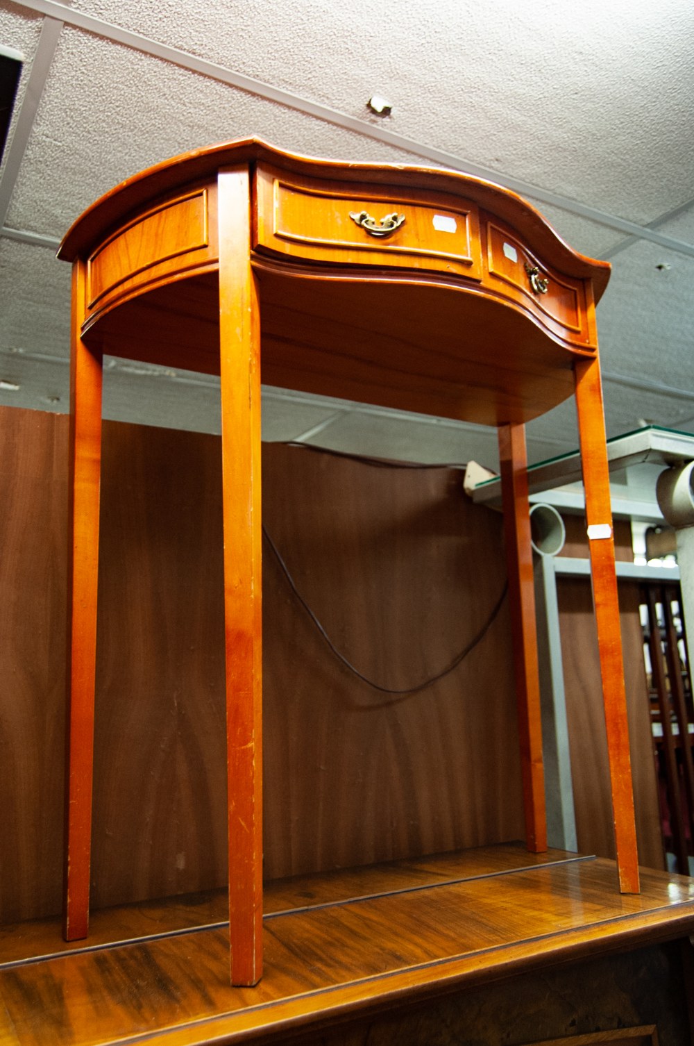 AN EARLY TWENTIETH CENTURY BEECHWOOD BOW FRONTED LOW CABINET, ALSO A REPRODUCTION YEW TREE WOOD - Image 2 of 2