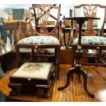 A MAHOGANY TRI-POD WINE TABLE, A FOOTSTOOL WITH TAPESTRY TOP, ALSO A MODERN ELECTRIC FLOOR