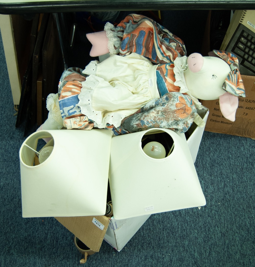 PAIR OF BLACK METAL BEDSIDE LAMPS AND SHADES, A QUARTZ DRESSING TABLE CLOCK AND ANOTHER LAMP, BT.