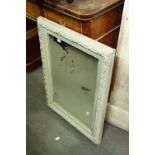 AN OBLONG BEVELLED EDGE WALL MIRROR, IN GREY MOULDED FRAME