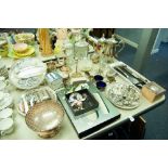 COLLECTION OF SILVER PLATED WARE TO INCLUDE, COFFEE AND TEAPOT, CANDLE STANDS, DRESSING TABLE SET,