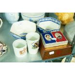 TWO WADE FOR RINGTONS, HEXAGONAL BLUE AND WHITE BOWLS, McVITTIE 1953 CORONATION TIN, ROYAL DOULTON