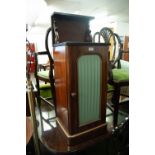 VICTORIAN AND LATER MAHOGANY POT CUPBOARD, with silk pleated front panel and later top with short