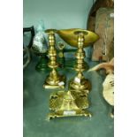 A SET OF SALTERS NO. 56 SCALES, WITH WEIGHT, A PAIR OF BRASS EJECTOR CANDLESTICKS AND A BRASS