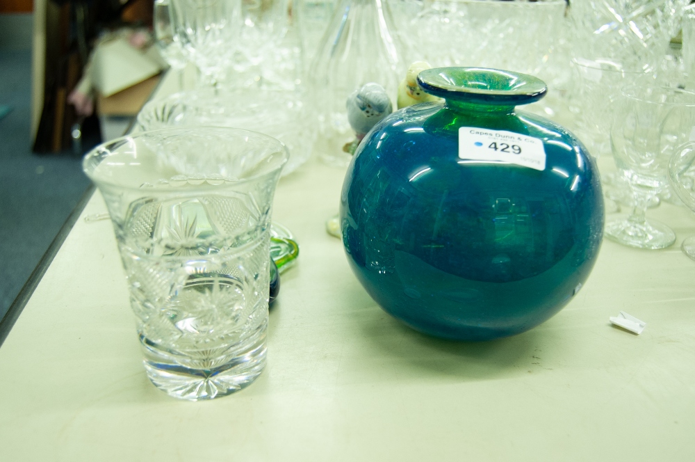 A MDINA BLUE GLASS VASE, TWO ORNAMENTS AND A DRINKING GLASS (4)