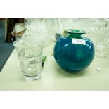 A MDINA BLUE GLASS VASE, TWO ORNAMENTS AND A DRINKING GLASS (4)