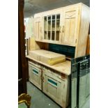 A PINE LARGE DRESSER WITH GREEN TILE FEATURES, HIGH RAISED CUPBOARD BACK