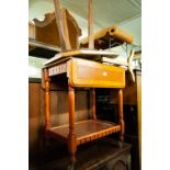 A GILT FRAMED FIRESCREEN AND A CIRCULAR TOP TABLE, on triple supports and a TWO TIER TEA TROLLEY (3)