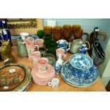 DOMESTIC POTTERY AND GLASS TO INCLUDE; COLOURED GLASS GOBLETS, BLUE AND WHITE WARES, PEWTER TEA