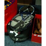 FIVE TENNIS RACKET AND A CHILD'S RACKET IN FOUR BAGS, BABOLAT x 2, HEAD x 3 (6 IN TOTAL)