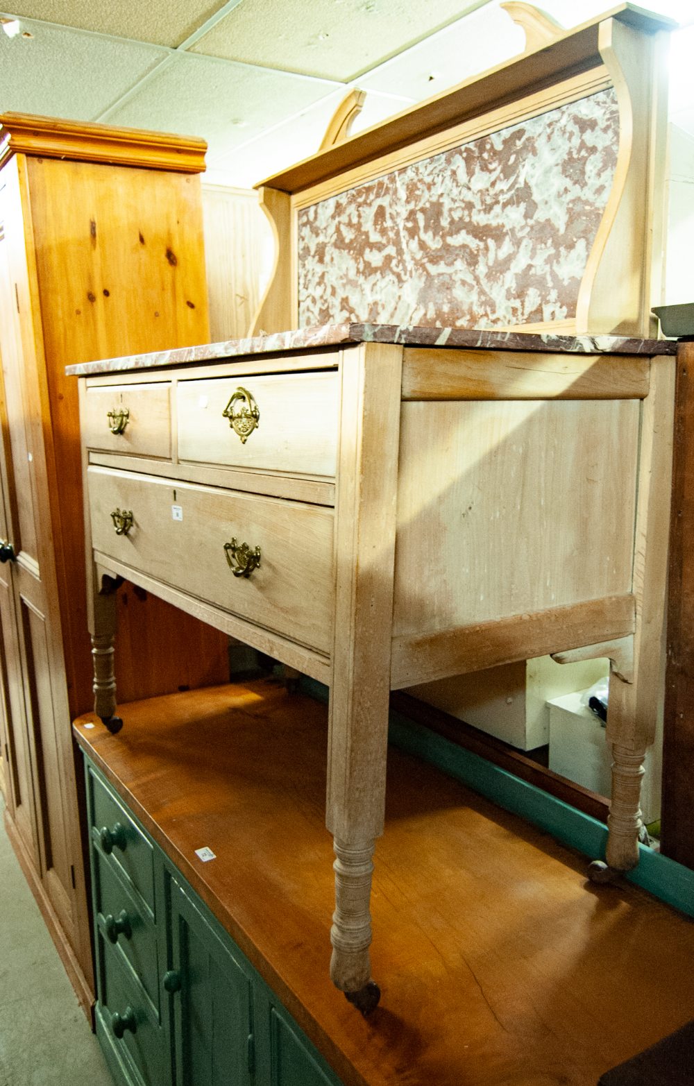 VICTORIAN PINE WASHSTAND CHEST, WITH THREE DRAWERS, MARBLE TOP AND RAISED BACK