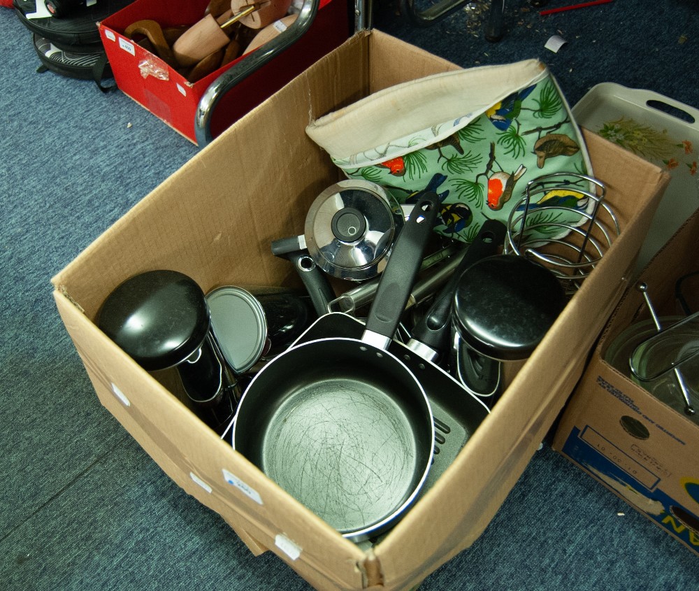 TWO BOXES OF PANS AND KITCHEN SUNDRIES, STORAGE JARS ETC......