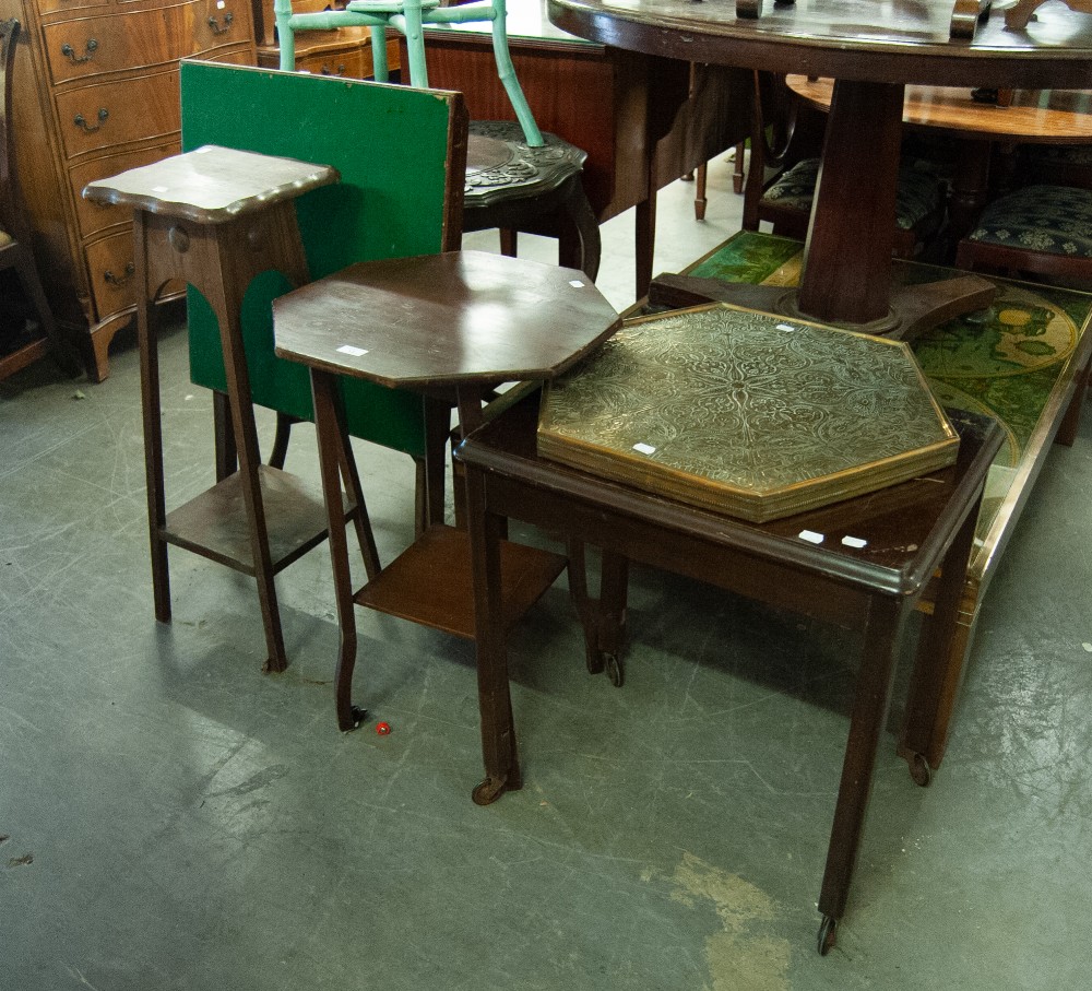 THREE VARIOUS SHAPED OCCASIONAL TABLES, A FOLD-FLAT CARD TALE AND A BRASS OCTAGONAL TABLE TOP (5)