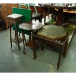 THREE VARIOUS SHAPED OCCASIONAL TABLES, A FOLD-FLAT CARD TALE AND A BRASS OCTAGONAL TABLE TOP (5)