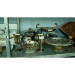 A SMALL SELECTION OF PLATED ITEMS INCLUDING; A TEAPOT, PEDESTAL BOWL, BOWL, A PAIR OF STEM