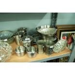 AN OLD HALL STAINLESS STEEL TEA AND COFFEE SET, TRAY, PEWTER BEAKER ETC.....