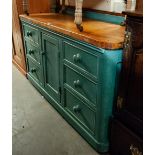 VICTORIAN GREEN PAINTED PINE DRESSER WITH 'BUTCHERS BLOCK' DEAL TOP