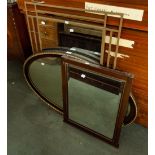 A LARGE OVAL MAHOGANY WALL MIRROR, WITH GILT BEADING AND TWO OTHER MIRRORS (3)