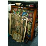 OAK FRAMED FIRE SCREEN WITH FLORAL WOOLWORK CENTRE, together with a VICTORIAN WATERCOLOUR AND