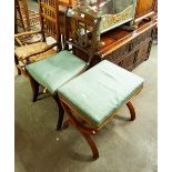 A REPRODUCTION REGENCY STYLE MAHOGANY DRESSING STOOL, ALSO A REPRODUCTION WALNUTWOOD BEDSIDE CABINET