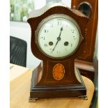 EDWARDIAN INLAID MAHOGANY MANTEL CLOCK WITH MOVEMENT STRIKING ON A GONG WITH PENDULUM AND KEY