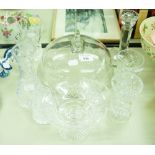 A GLASS CHEESE BOARD AND A GLASS DOME, FIVE SMALL CUT GLASS VASES; A GLASS CANDLESTICK AND A CUT