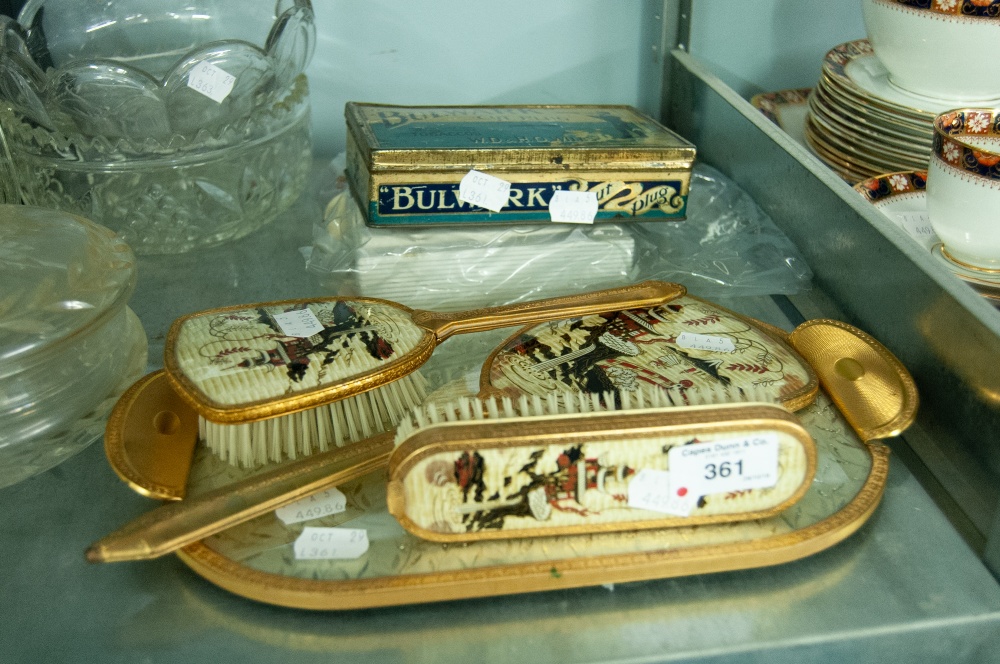 A FOUR PIECE ORIENTAL INSPIRED DRESSING TABLE SET, BULWARK TOBACCO TIN AND A SELECTION OF SOUVENIR