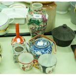 CHINESE CRACKLE WARE VASE, BALL AND SHAFT SHAPED VASE, BLUE AND WHITE TEAPOT AND A SQUARE PIERCED