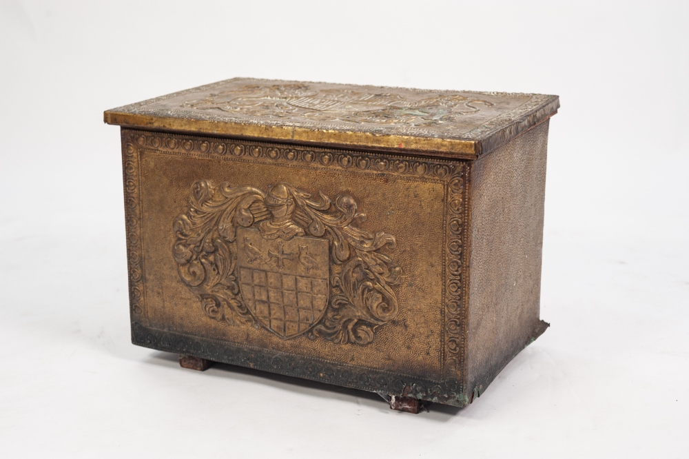 AN EARLY 20TH CENTURY BRASS EMBOSSED COAL BOX, depicting heraldic emblem to the top, with metal - Image 2 of 3