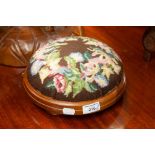 A MODERN MAHOGANY CIRCUALR TAMBOUR FOOTSTOOL, COVERED IN FLORAL WOOLWORK TAPESTRY