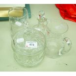 A COLLECTION OF CUT GLASS TABLE WARES TO INCLUDE; A CRACKER BARREL AND LID, WATER JUGS ETC.......