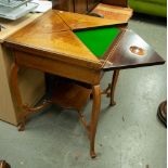 A MAHOGANY INLAID ENVELOPE CARD TABLE, RAISED ON CURVED TAPERING LEGS