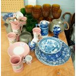 DOMESTIC POTTERY AND GLASS TO INCLUDE; COLOURED GLASS GOBLETS, BLUE AND WHITE WARES, PEWTER TEA