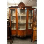EDWARDIAN INLAID AND FLORAL PAINTED CHINA DISPLAY CABINET WITH BOWED GLASS AND INLAID WOOD CENTRAL