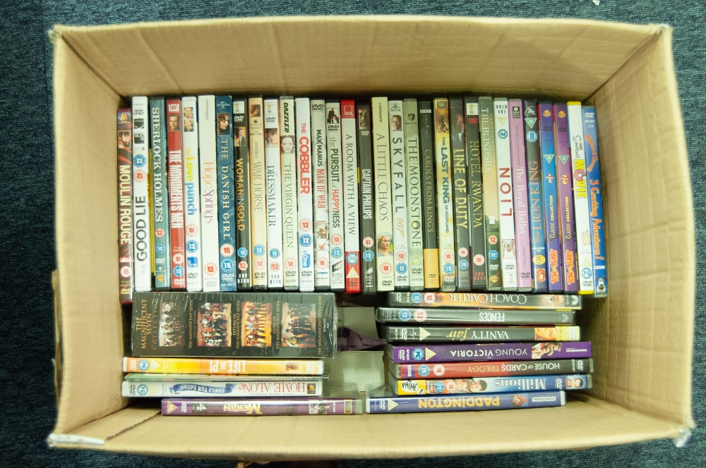 ONE BOX OF VARIOUS DVD's, BOXED SET OF THE 'MAGNIFICENT SEVEN' AND 41 OTHERS