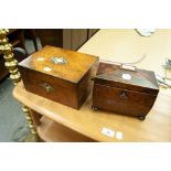 REGENCY MAHOGANY TWO DIVISION TEA CADDY, AND A VICTORIAN MOTHER O'PEARL INLAID BOX (BOTH A.F.) (2)