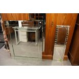 LARGE MODERN FRAMELESS WALL MIRROR AND ANOTHER OBLONG FRAMELESS MIRROR (2)