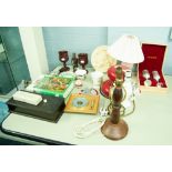 QUANTITY OF MIXED ITEMS TO INCLUDE; WOODEN BOXED PAIR OF SELANGOR PEWTER GOBLETS, TABLE BELL, WALL